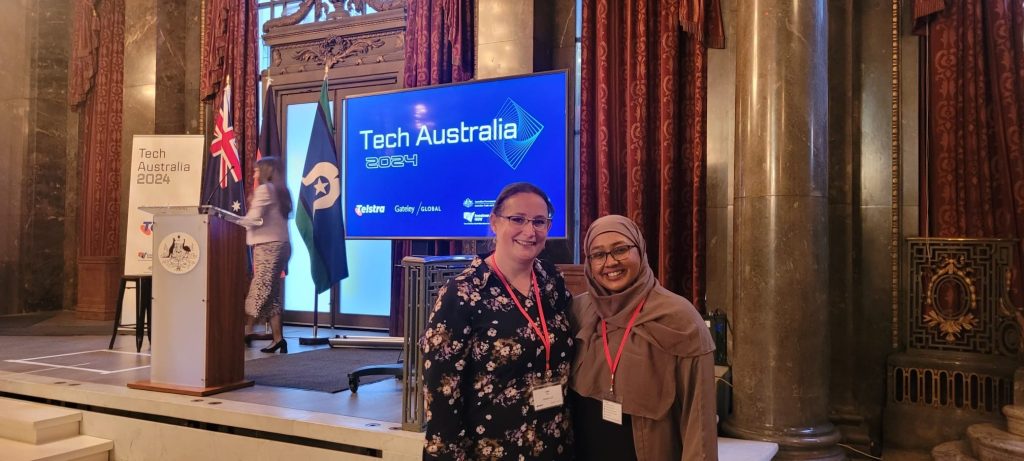 Australia House, Tech week. Picture of Clair Dart and Tanzina Kabir standing in front of a stage